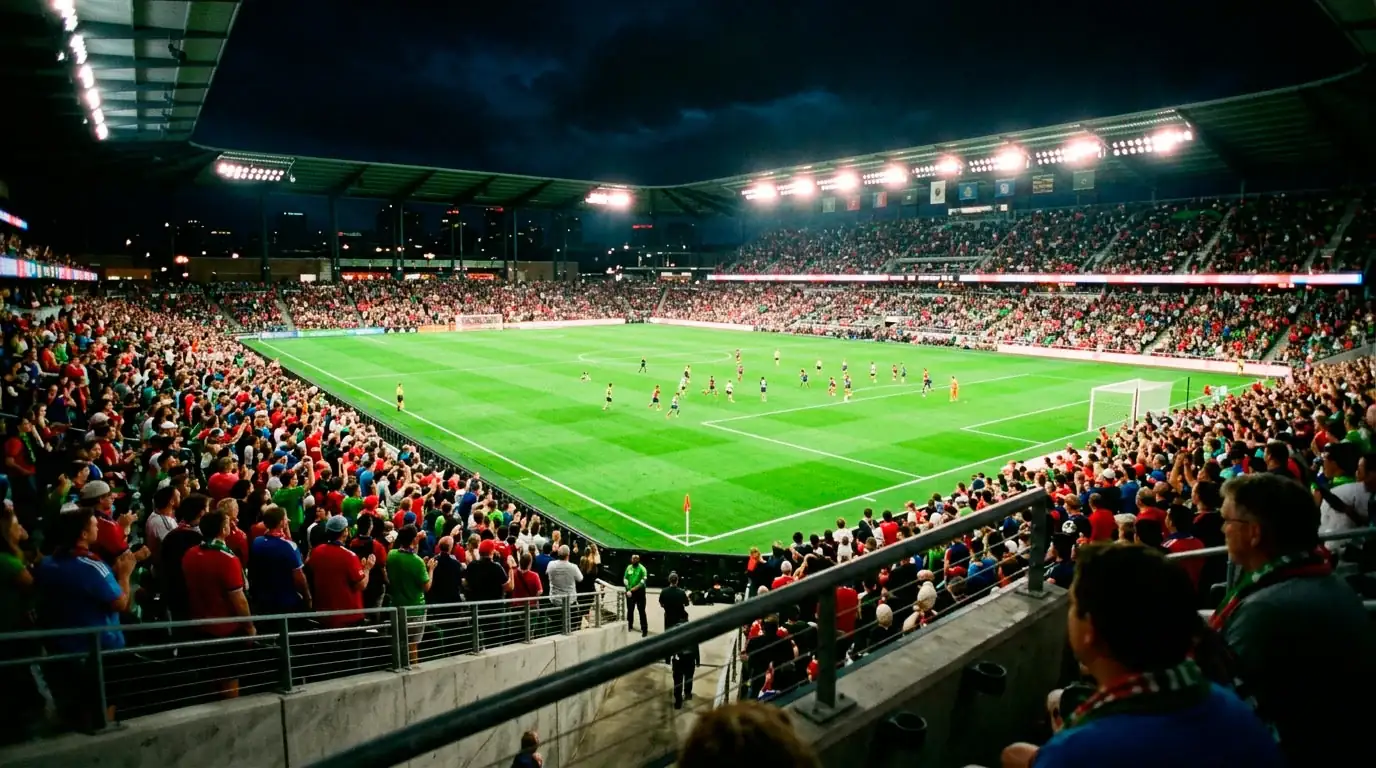 Estadio de la MLS iluminado de noche con el campo verde bajo la luz artificial — guía de apuestas MLS 2026