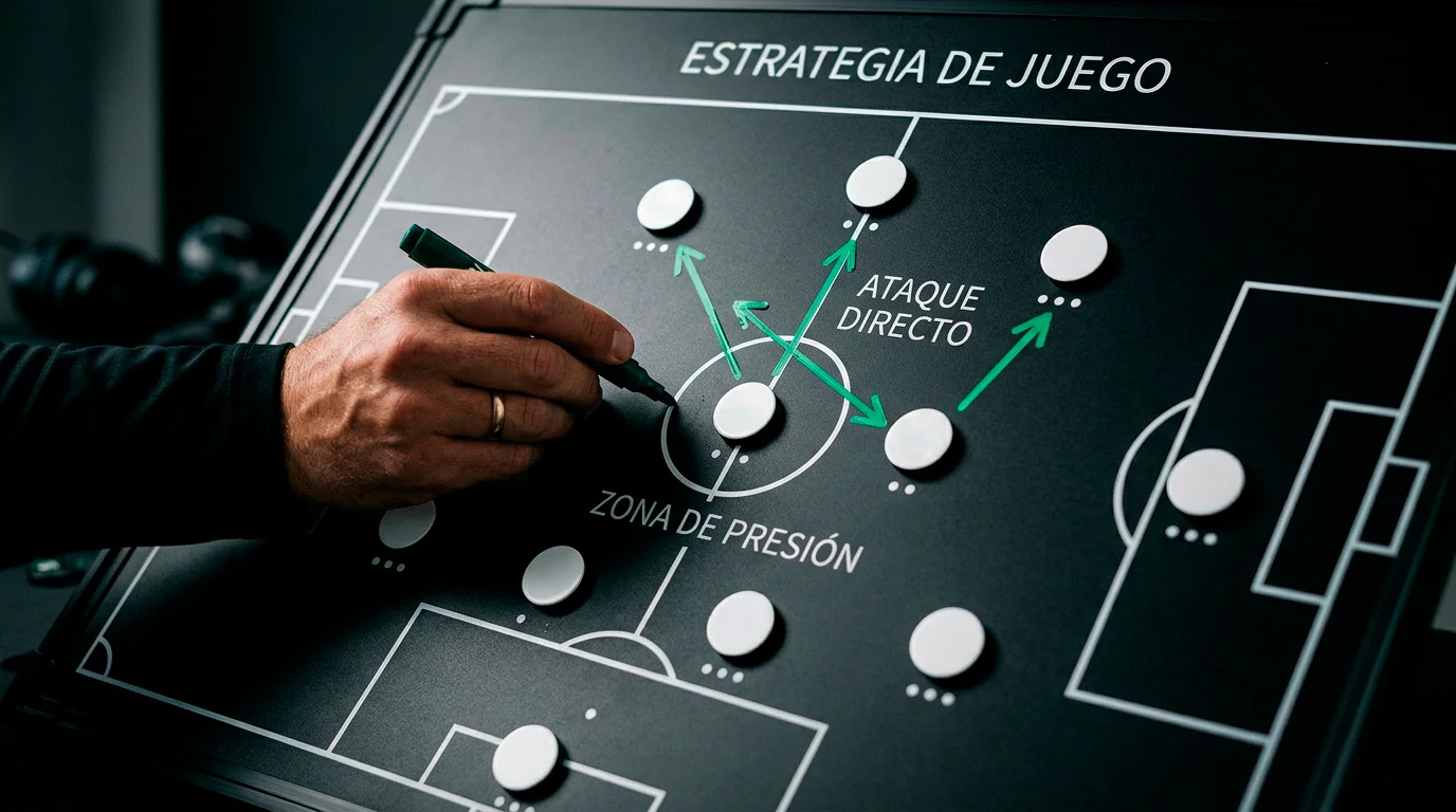Pizarra táctica de fútbol con marcadores y anotaciones de análisis de partido de la MLS